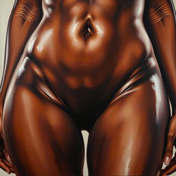 A polished, finished oil-based painting featuring a close-up, front view of the pelvic region of a sexy black woman with solid, thick, oiled thighs