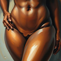 A polished, finished oil-based painting featuring a close-up, front view of the pelvic region of a sexy black woman with solid, thick, oiled thighs