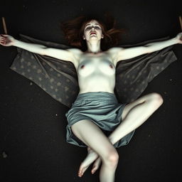 A slender woman, around thirty years old, is wearing a short skirt and is topless, lying on the ground with her arms and legs spread and tied to stakes