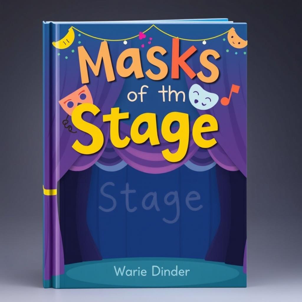 Create a whimsical book cover with the title 'Masks of The Stage'