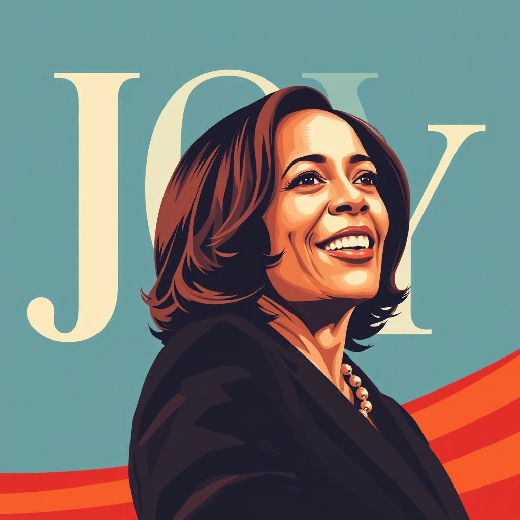 Design a political poster featuring Kamala Harris with the word 'Joy'