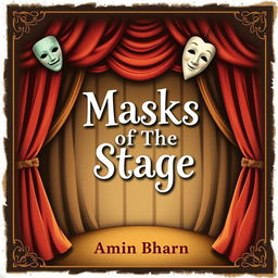 Create a whimsical and vintage-looking book cover with the title 'Masks of The Stage'