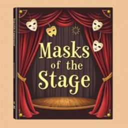 Create a whimsical and vintage-looking book cover with the title 'Masks of The Stage'