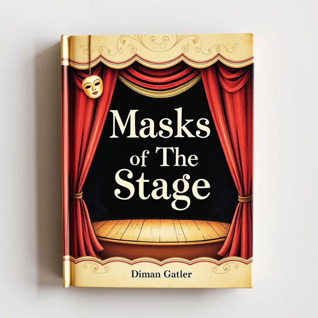 Create a whimsical and vintage-looking book cover with the title 'Masks of The Stage'