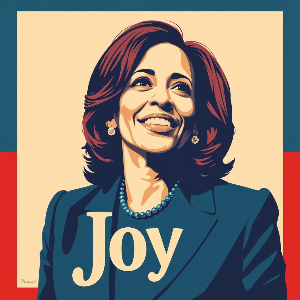 Create a political poster featuring Kamala Harris with the word 'Joy'