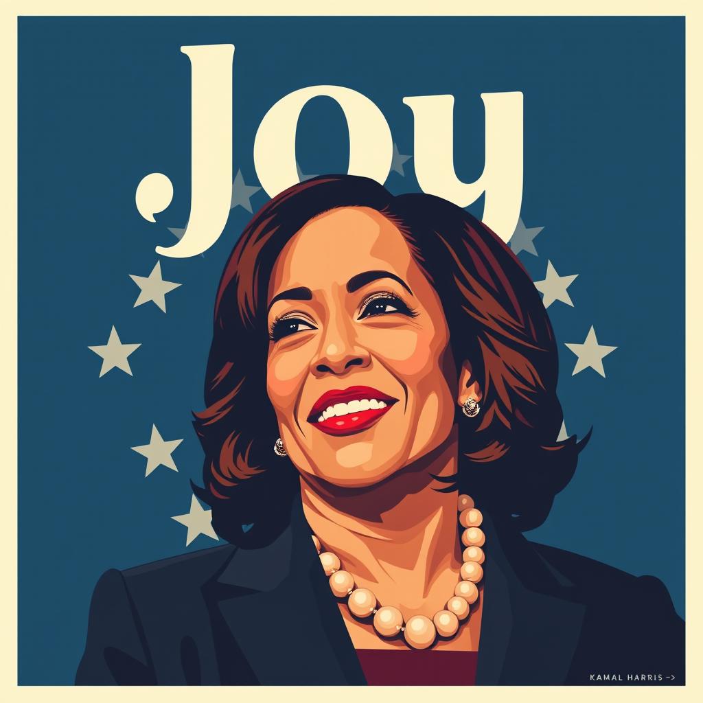 Create a political poster featuring Kamala Harris with the word 'Joy'