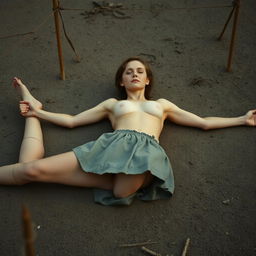 A slender woman, around thirty years old, is wearing a short skirt and is topless, lying on the ground with her arms and legs spread and tied to stakes