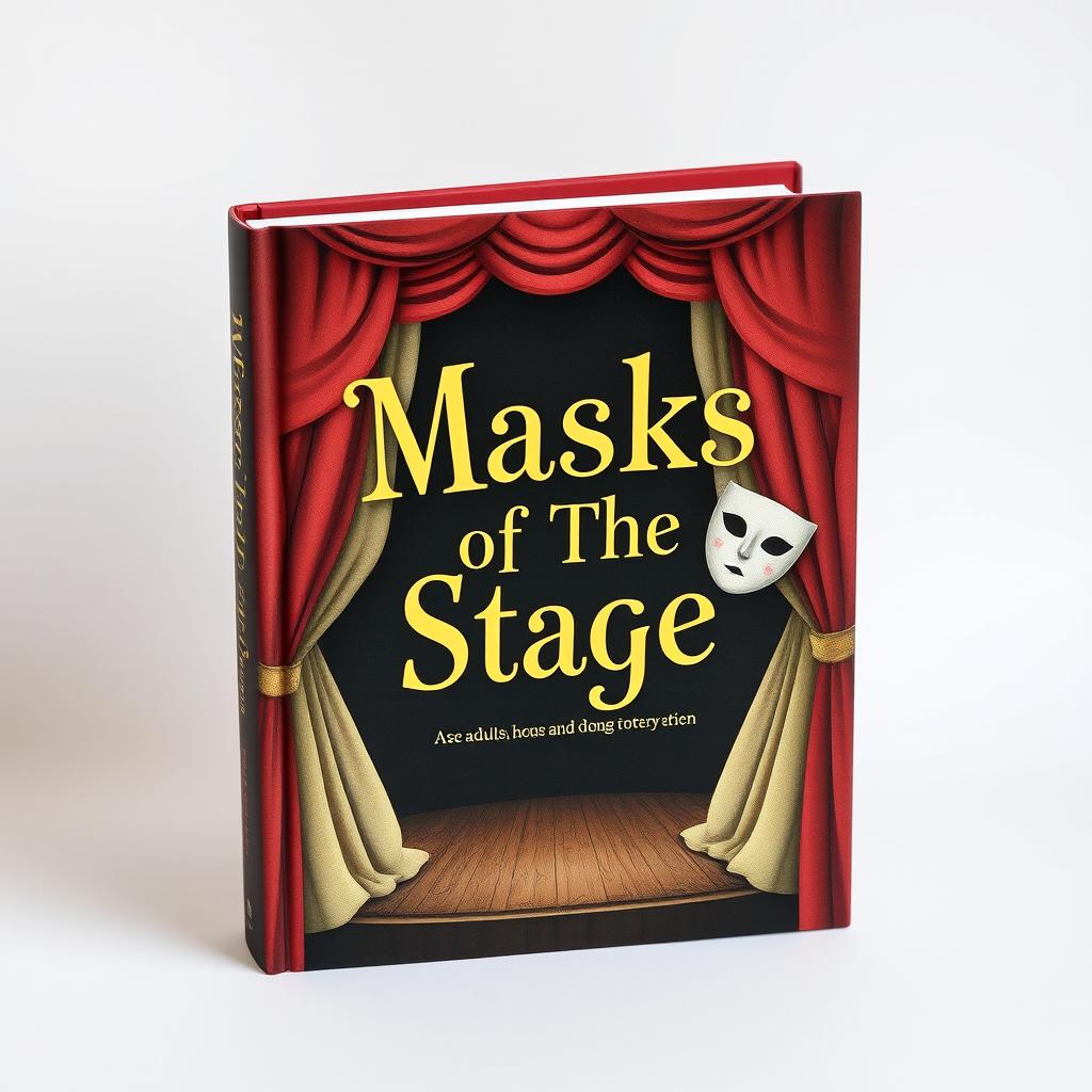 Create a whimsical and vintage-looking book cover with the title 'Masks of The Stage'