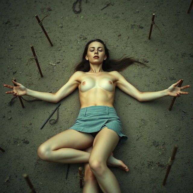 A slender woman, around thirty years old, is wearing a short skirt and is topless, lying on the ground with her arms and legs spread and tied to stakes