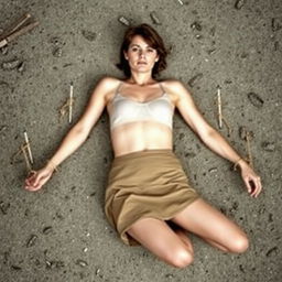 A slender woman, around thirty years old, is wearing a short skirt and is topless, lying on the ground with her arms and legs spread and tied to stakes