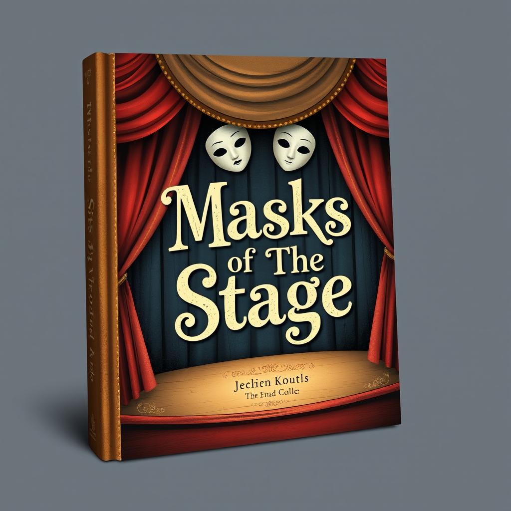 Create a whimsical and vintage-looking book cover with the title 'Masks of The Stage'