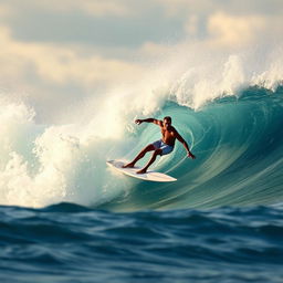 A dynamic and thrilling image of a surfer riding a massive wave, capturing the intensity and excitement of the moment