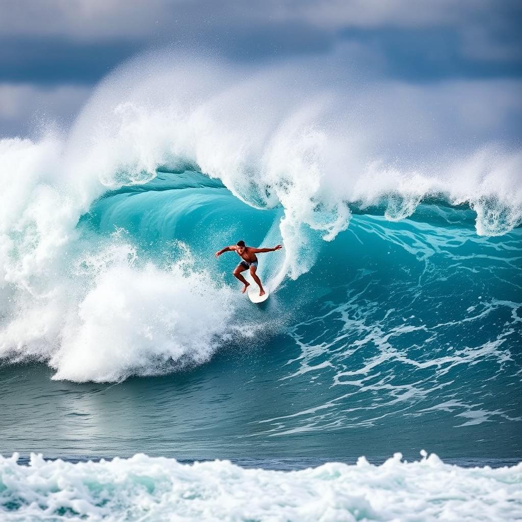 A dynamic and thrilling image of a surfer riding a massive wave, capturing the intensity and excitement of the moment