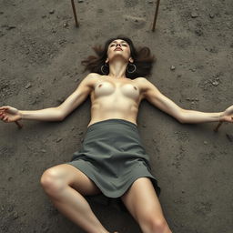 A slender woman, around thirty years old, is wearing a short skirt and is topless, lying on the ground with her arms and legs spread and tied to stakes