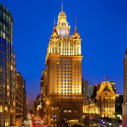 A grand, luxury hotel standing tall in a bustling cityscape during twilight.