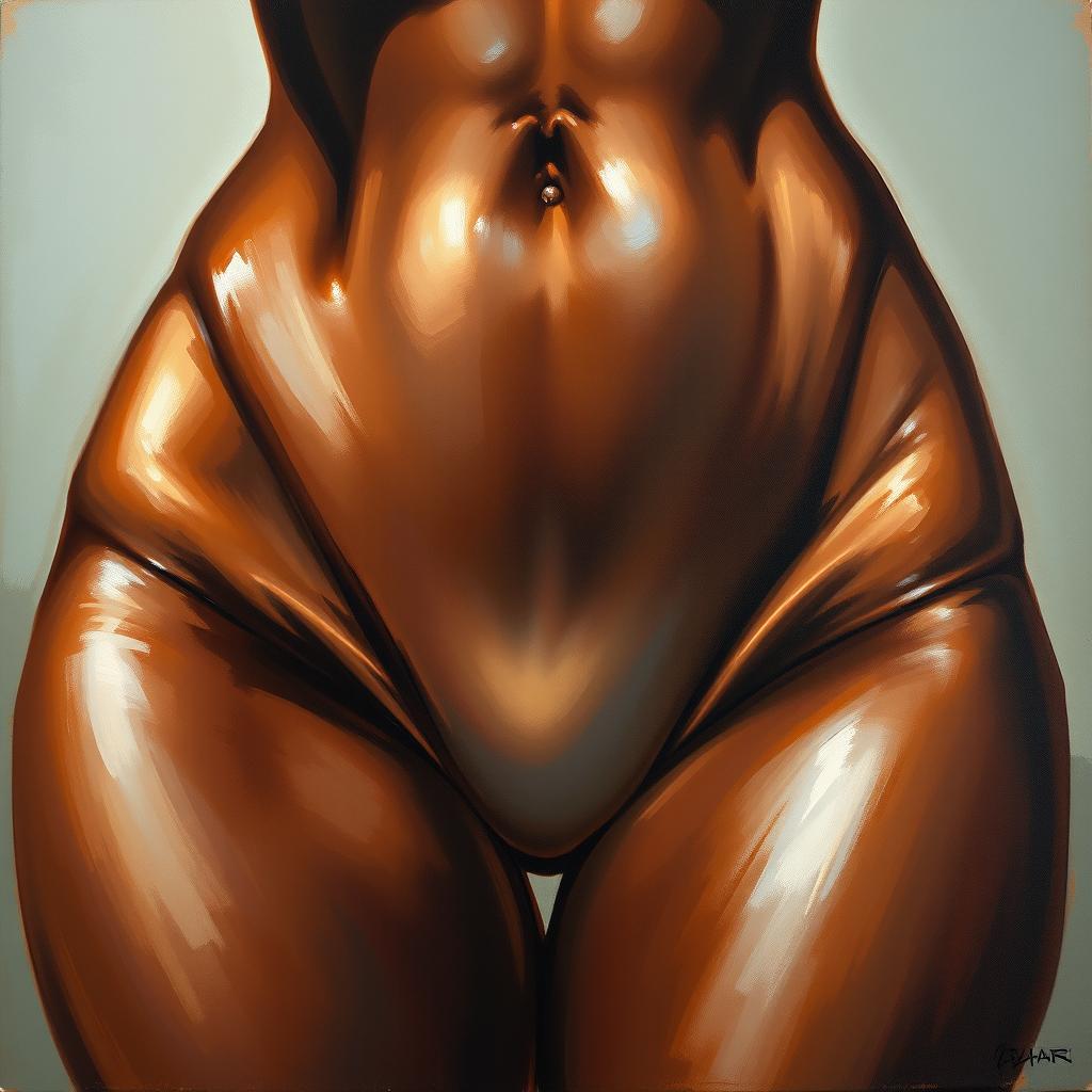 A polished, finished oil-based painting featuring a close-up, front view of the pelvic region of a sexy, slim black woman with voluptuous, thick, close-together shiny oiled thighs