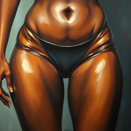 A polished, finished oil-based painting featuring a close-up, front view of the pelvic region of a sexy, slim black woman with voluptuous, thick, close-together shiny oiled thighs