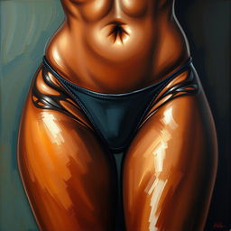 A polished, finished oil-based painting featuring a close-up, front view of the pelvic region of a sexy, slim black woman with voluptuous, thick, close-together shiny oiled thighs