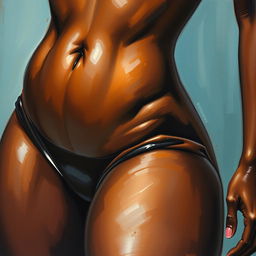 A polished, finished oil-based painting featuring a close-up, front view of the pelvic region of a sexy, slim black woman with voluptuous, thick, close-together shiny oiled thighs