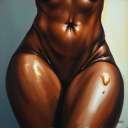 A polished, finished oil-based painting featuring a close-up, front view of the pelvic region of a sexy, slim black woman with voluptuous, thick, close-together, shiny oiled thighs