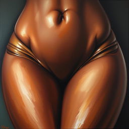 A polished, finished oil-based painting featuring a close-up, front view of the pelvic region of a sexy, slim black woman with voluptuous, thick, close-together, shiny oiled thighs