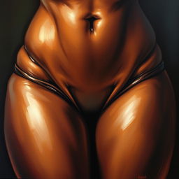 A polished, finished oil-based painting featuring a close-up, front view of the pelvic region of a sexy, slim black woman with voluptuous, thick, close-together, shiny oiled thighs