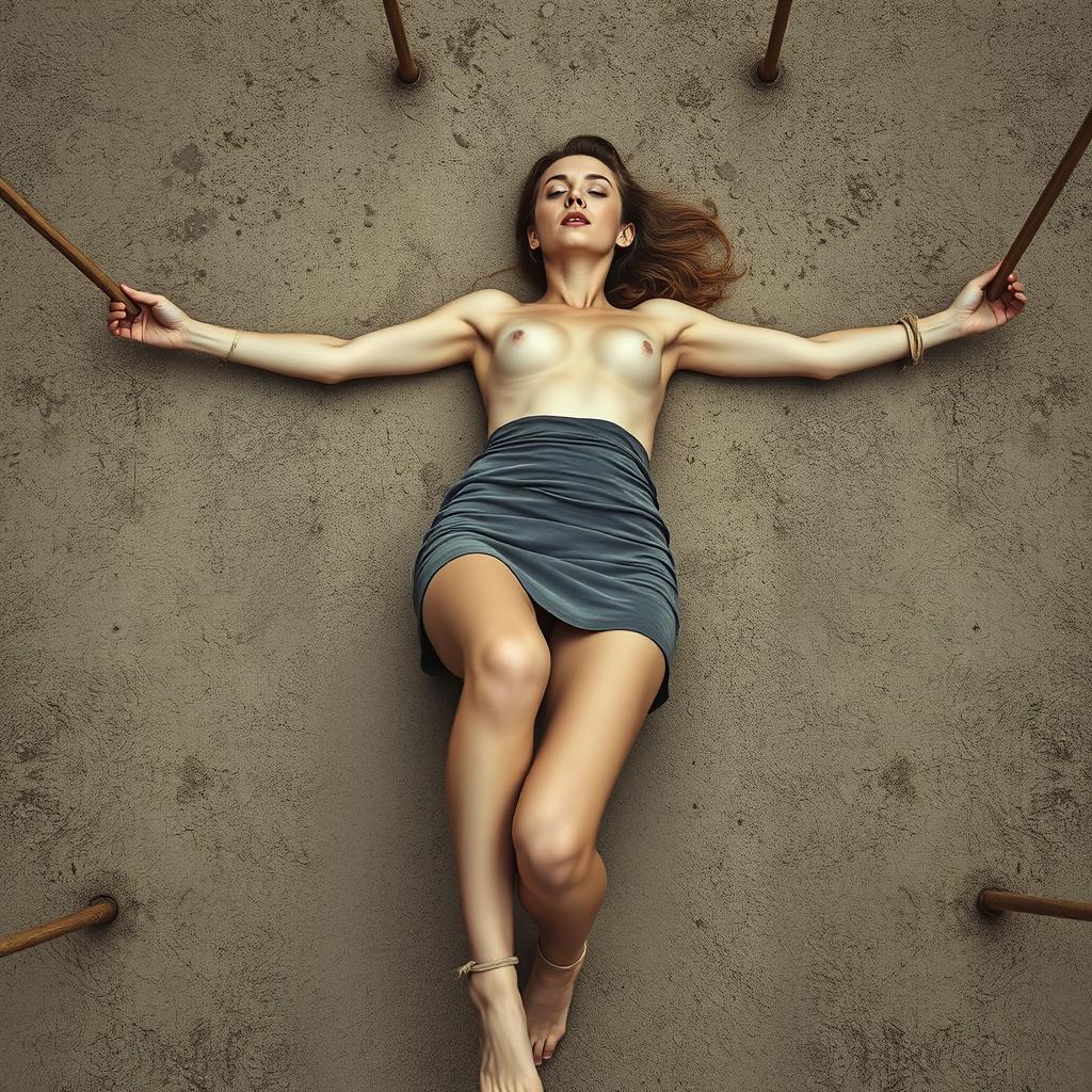 A slender woman, around thirty years old, is wearing a short skirt and is topless, lying on the ground with her arms and legs spread wide and tied to stakes