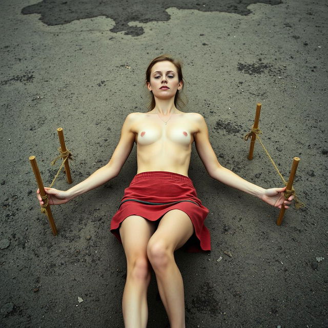 A slender woman, around thirty years old, is wearing a short skirt and is topless, lying on the ground with her arms and legs spread wide and tied to stakes