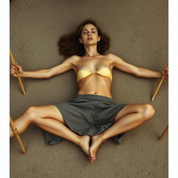 A slender woman, around thirty years old, is wearing a short skirt and is topless, lying on the ground with her arms and legs spread wide and tied to stakes