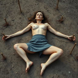 A slender woman, around thirty years old, is wearing a short skirt and is topless, lying on the ground with her arms and legs spread wide and tied to stakes