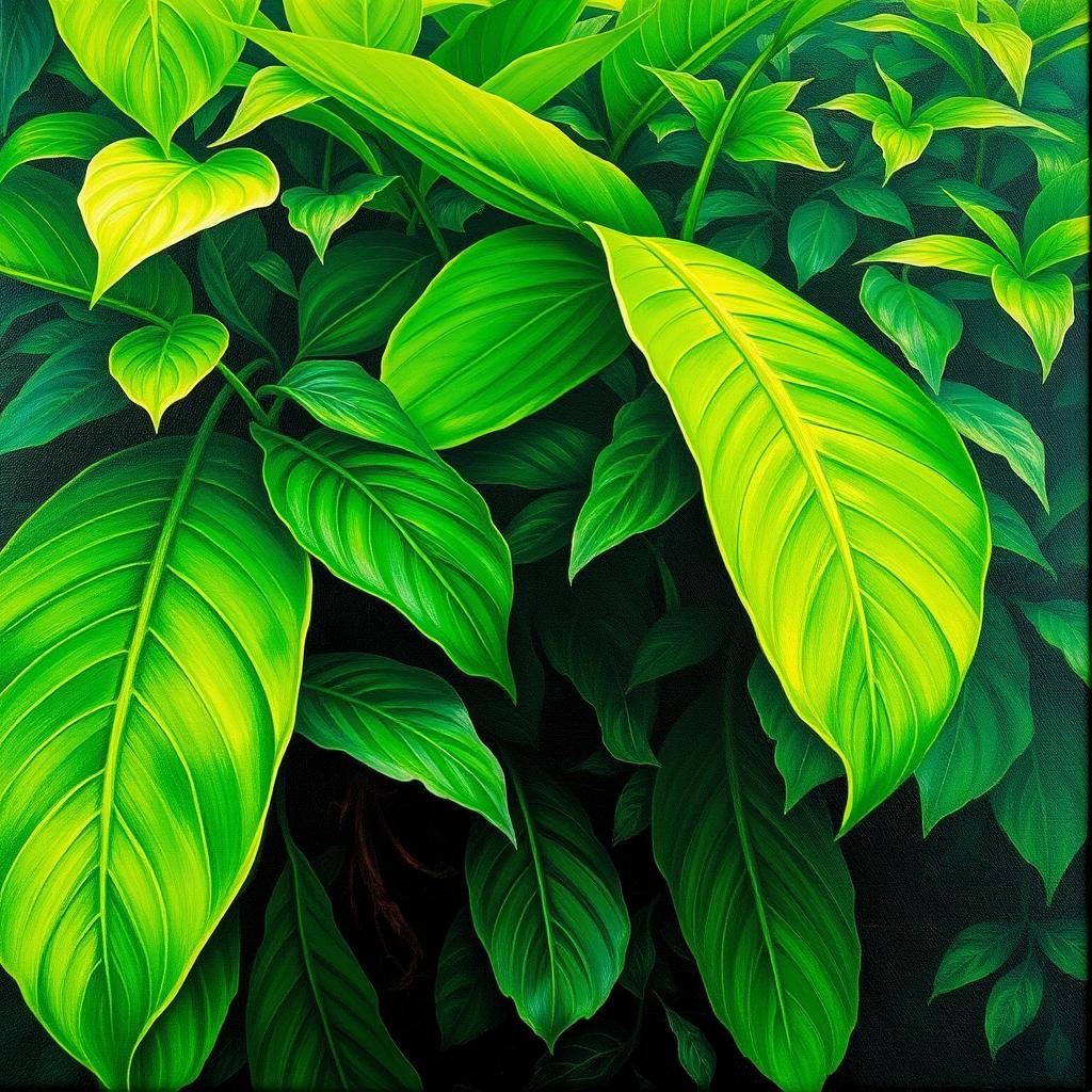 A polished, finished oil-based painting depicting a close-up view of vibrant, lush, bright jungle green leaves