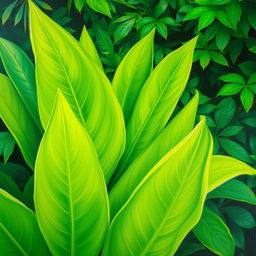 A polished, finished oil-based painting depicting a close-up view of vibrant, lush, bright jungle green leaves