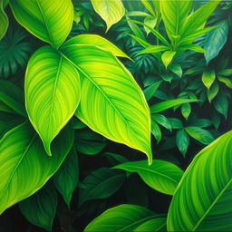 A polished, finished oil-based painting depicting a close-up view of vibrant, lush, bright jungle green leaves