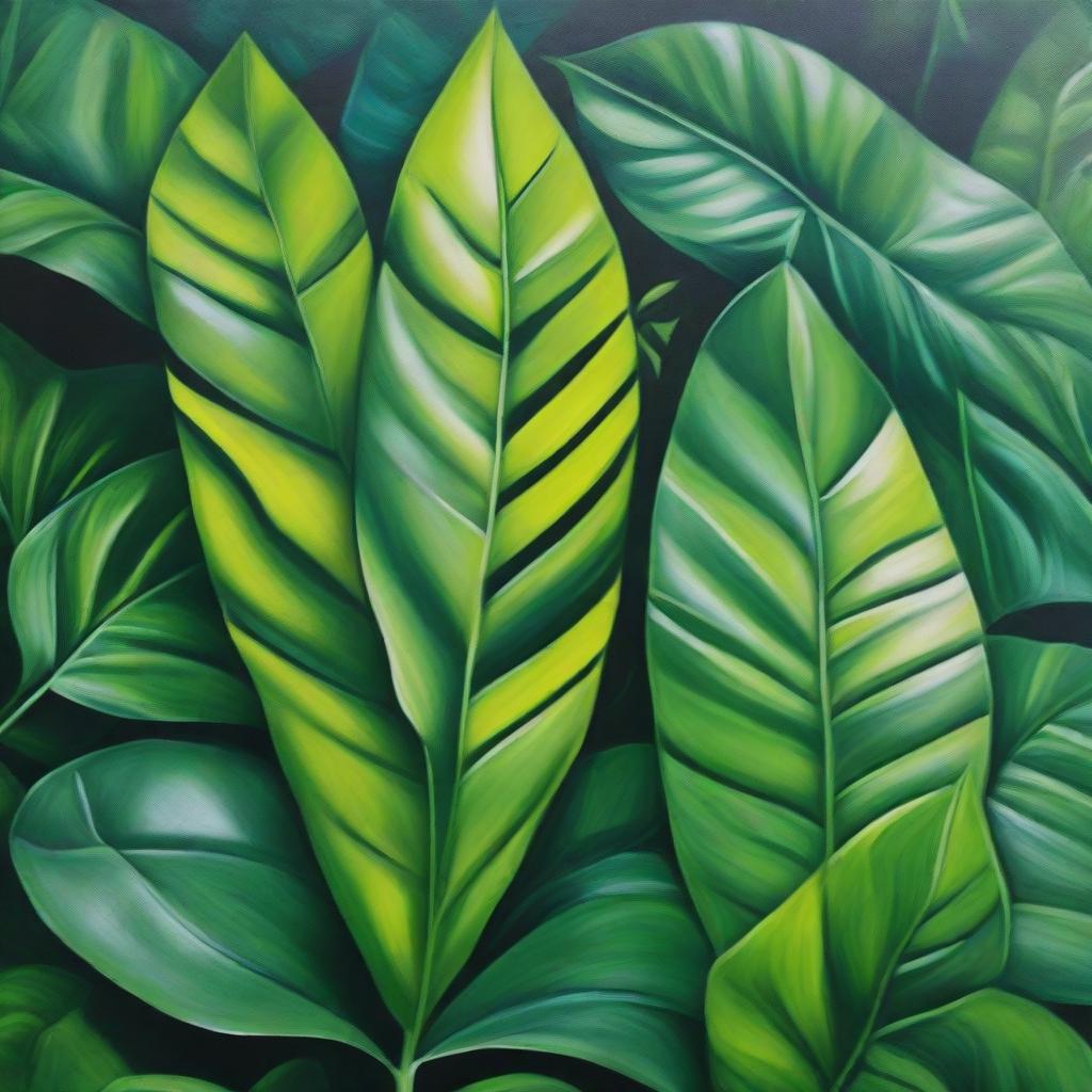 A polished, finished oil-based painting featuring a close-up view of vibrant, lush, bright jungle green leaves