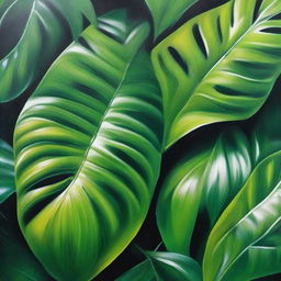 A polished, finished oil-based painting featuring a close-up view of vibrant, lush, bright jungle green leaves