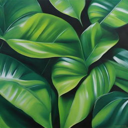 A polished, finished oil-based painting featuring a close-up view of vibrant, lush, bright jungle green leaves