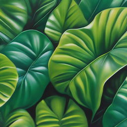 A polished, finished oil-based painting featuring a close-up view of vibrant, lush, bright jungle green leaves