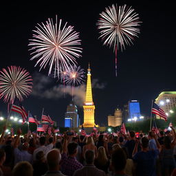 A vibrant celebration of Independence Day with fireworks lighting up the night sky, people waving flags, and a sense of patriotism