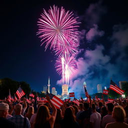 A vibrant celebration of Independence Day with fireworks lighting up the night sky, people waving flags, and a sense of patriotism