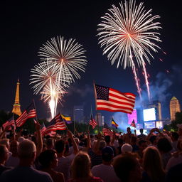 A vibrant celebration of Independence Day with fireworks lighting up the night sky, people waving flags, and a sense of patriotism