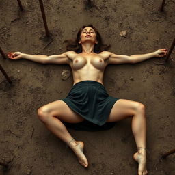 A slender woman, around thirty years old, is wearing a short skirt and is topless, lying on the ground with her arms and legs spread wide and tied to stakes