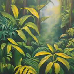 A polished, finished oil-based painting featuring a close-up view of a vibrant, lush, bright jungle