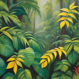 A polished, finished oil-based painting featuring a close-up view of a vibrant, lush, bright jungle