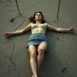 A slender woman, around thirty years old, is wearing a short skirt and is topless, lying on the ground with her arms and legs spread wide and tied to stakes