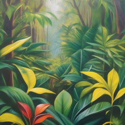 A polished, finished oil-based painting featuring a close-up view of a vibrant, lush, bright jungle