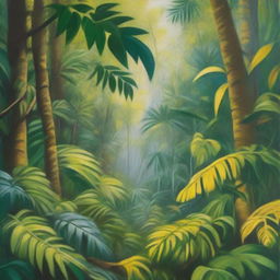 A polished, finished oil-based painting featuring a close-up view of a vibrant, lush, bright jungle