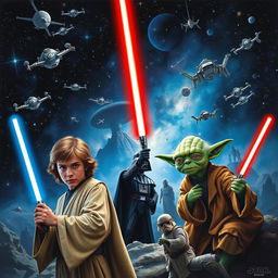 A detailed scene from the Star Wars universe featuring iconic characters like Luke Skywalker, Darth Vader, and Yoda, set against a backdrop of a starry galaxy with spaceships and lightsabers