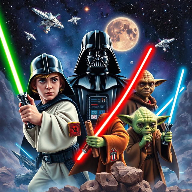 A detailed scene from the Star Wars universe featuring iconic characters like Luke Skywalker, Darth Vader, and Yoda, set against a backdrop of a starry galaxy with spaceships and lightsabers