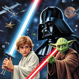 A detailed scene from the Star Wars universe featuring iconic characters like Luke Skywalker, Darth Vader, and Yoda, set against a backdrop of a starry galaxy with spaceships and lightsabers