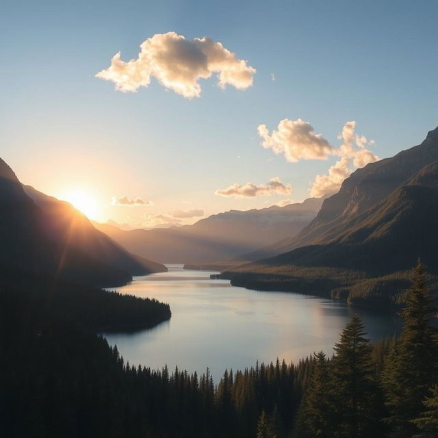 A beautiful landscape featuring a serene lake surrounded by mountains and lush forests